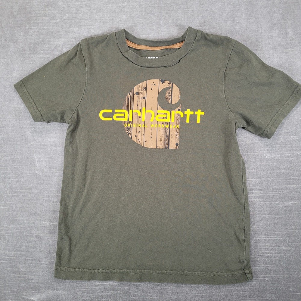 Carhartt Kids Size 6 Green Graphic T-Shirt Woodgrain Logo Original Workwear Tee